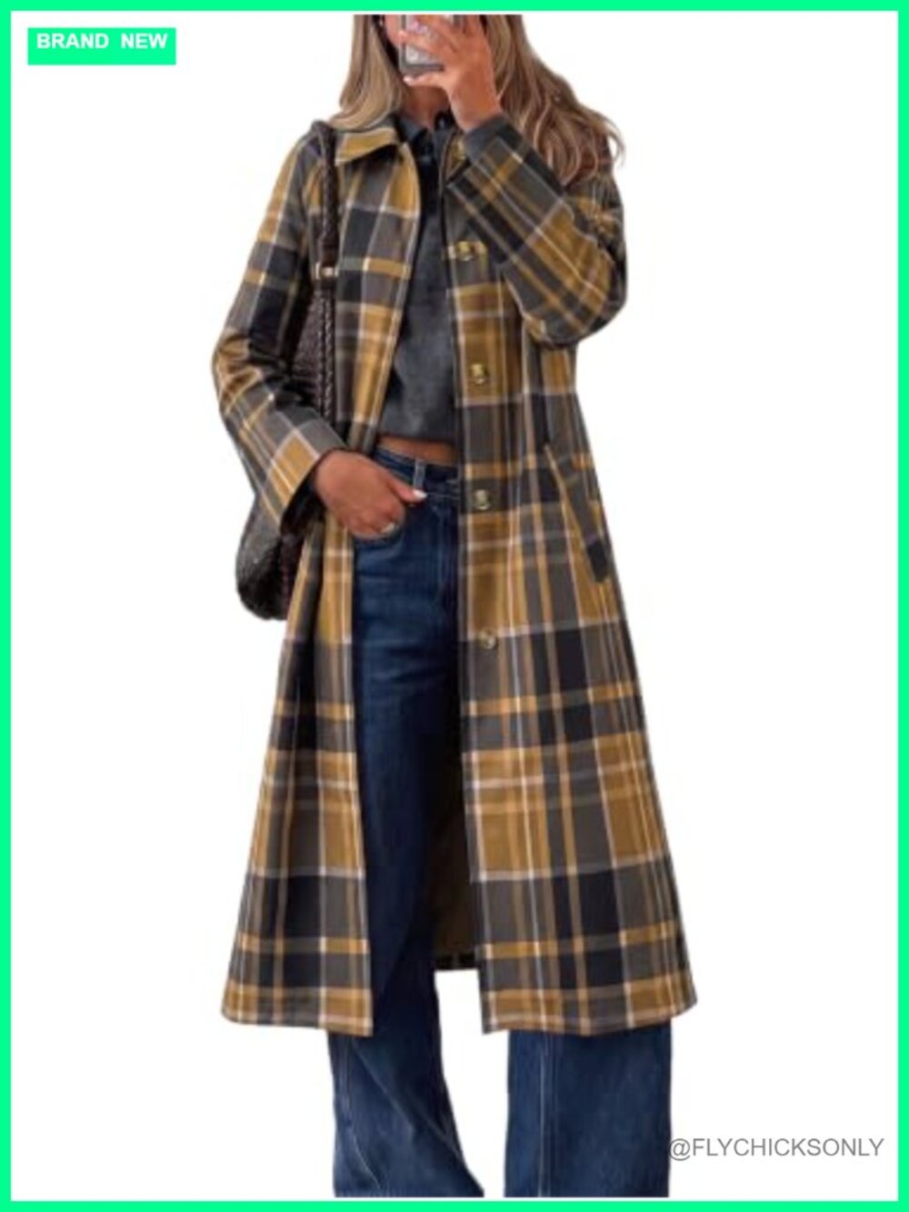 Womens Plaid Trench Coat Lapel Single Breasted Long Jacket